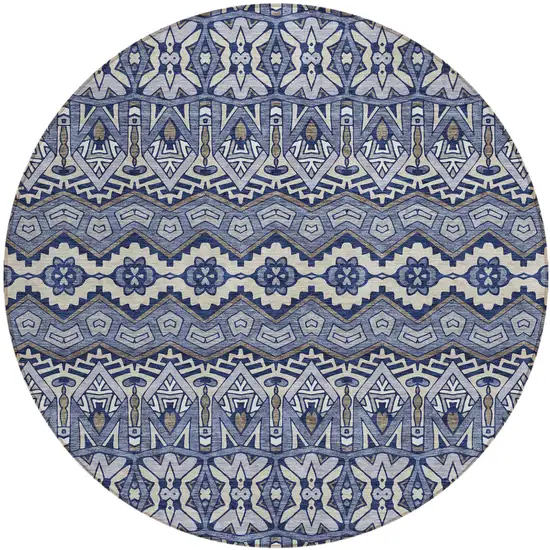 8' Denim Blue And Ivory Round Moroccan Washable Indoor Outdoor Area Rug Photo 2