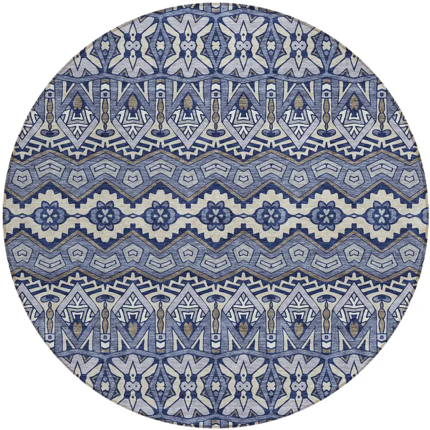 8' Denim Blue And Ivory Round Moroccan Washable Indoor Outdoor Area Rug Photo 2