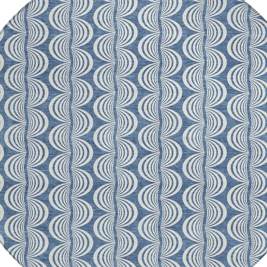8' Denim Blue And Ivory Round Ogee Washable Indoor Outdoor Area Rug Photo 5
