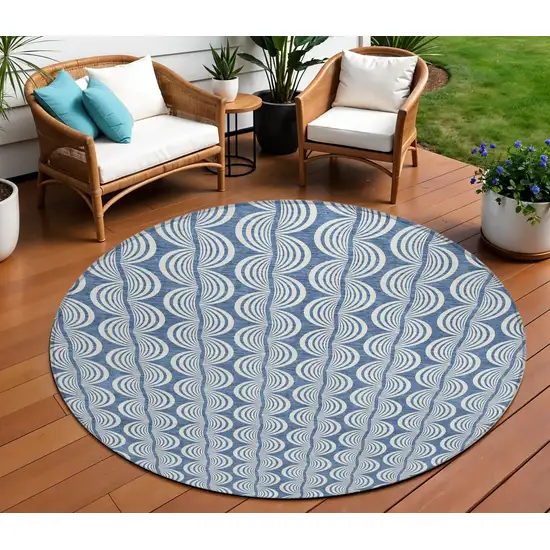 8' Denim Blue And Ivory Round Ogee Washable Indoor Outdoor Area Rug Photo 1