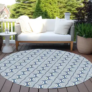 Photo of 8' Denim Blue And Ivory Round Ogee Washable Indoor Outdoor Area Rug