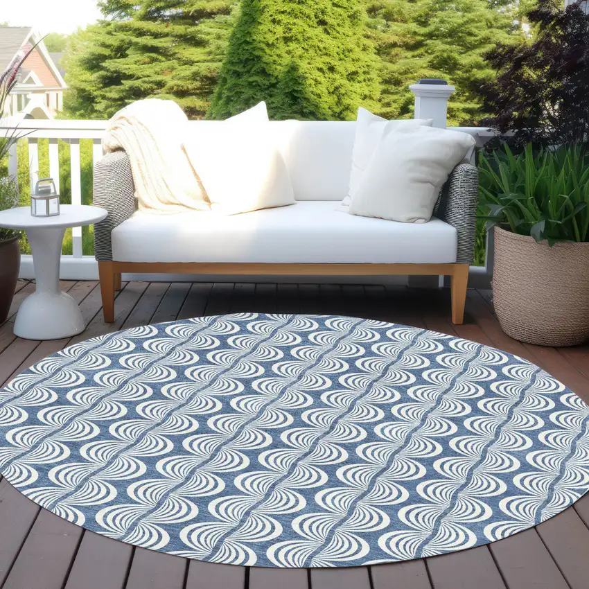 8' Denim Blue And Ivory Round Ogee Washable Indoor Outdoor Area Rug Photo 7