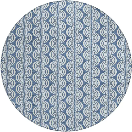 8' Denim Blue And Ivory Round Ogee Washable Indoor Outdoor Area Rug Photo 6