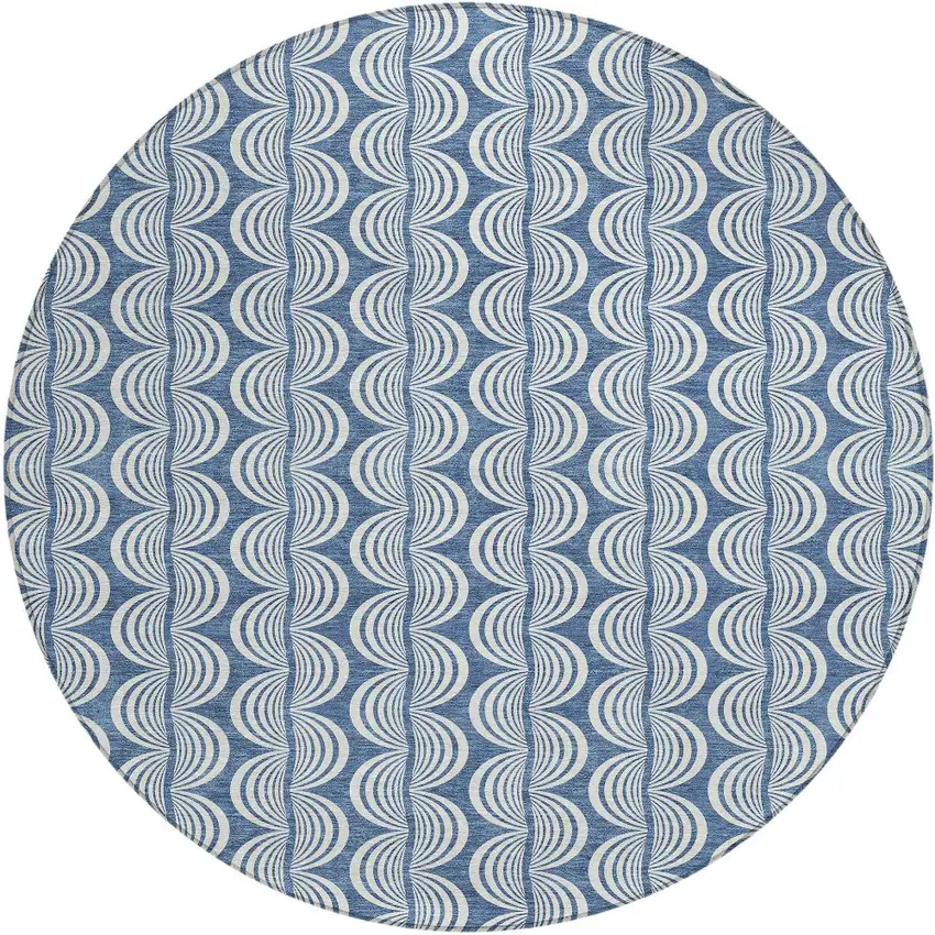 8' Denim Blue And Ivory Round Ogee Washable Indoor Outdoor Area Rug Photo 6