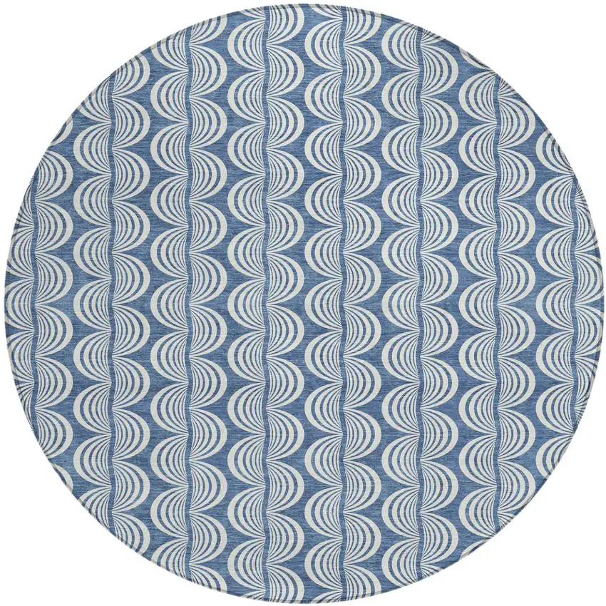 8' Denim Blue And Ivory Round Ogee Washable Indoor Outdoor Area Rug Photo 2