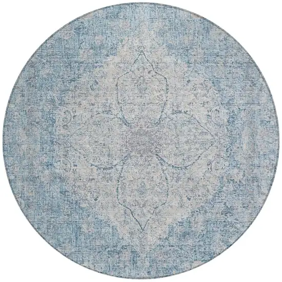8' Denim Blue And Ivory Round Oriental Washable Indoor Outdoor Area Rug Photo 3