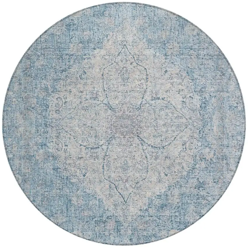 8' Denim Blue And Ivory Round Oriental Washable Indoor Outdoor Area Rug Photo 3