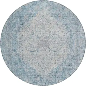 Photo of 8' Denim Blue And Ivory Round Oriental Washable Indoor Outdoor Area Rug