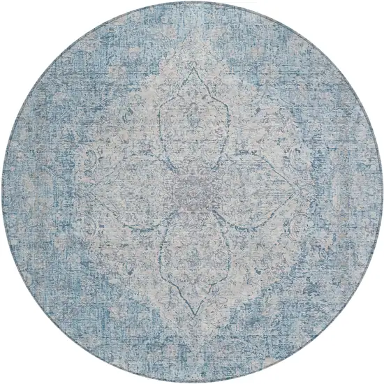 8' Denim Blue And Ivory Round Oriental Washable Indoor Outdoor Area Rug Photo 1