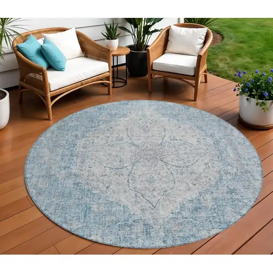 8' Denim Blue And Ivory Round Oriental Washable Indoor Outdoor Area Rug Photo 2