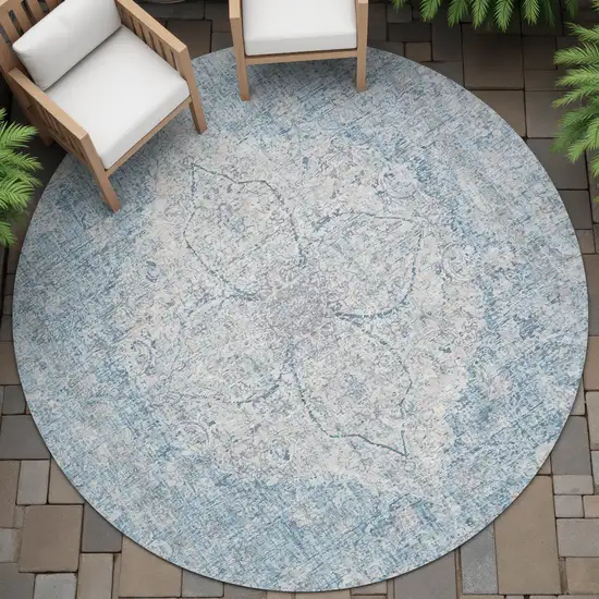8' Denim Blue And Ivory Round Oriental Washable Indoor Outdoor Area Rug Photo 6