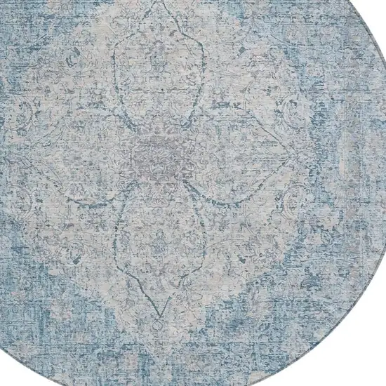8' Denim Blue And Ivory Round Oriental Washable Indoor Outdoor Area Rug Photo 5