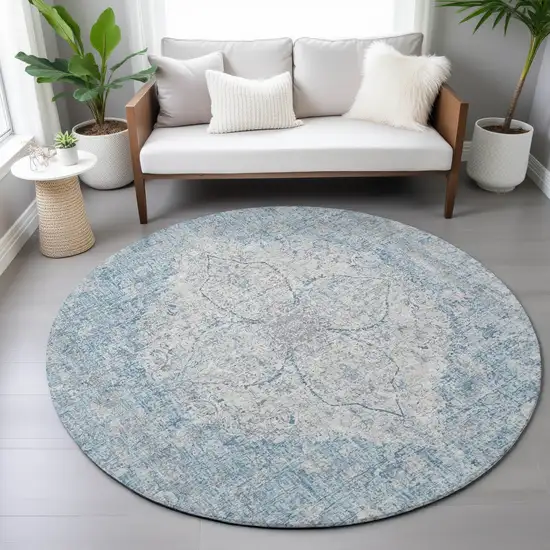 8' Denim Blue And Ivory Round Oriental Washable Indoor Outdoor Area Rug Photo 7
