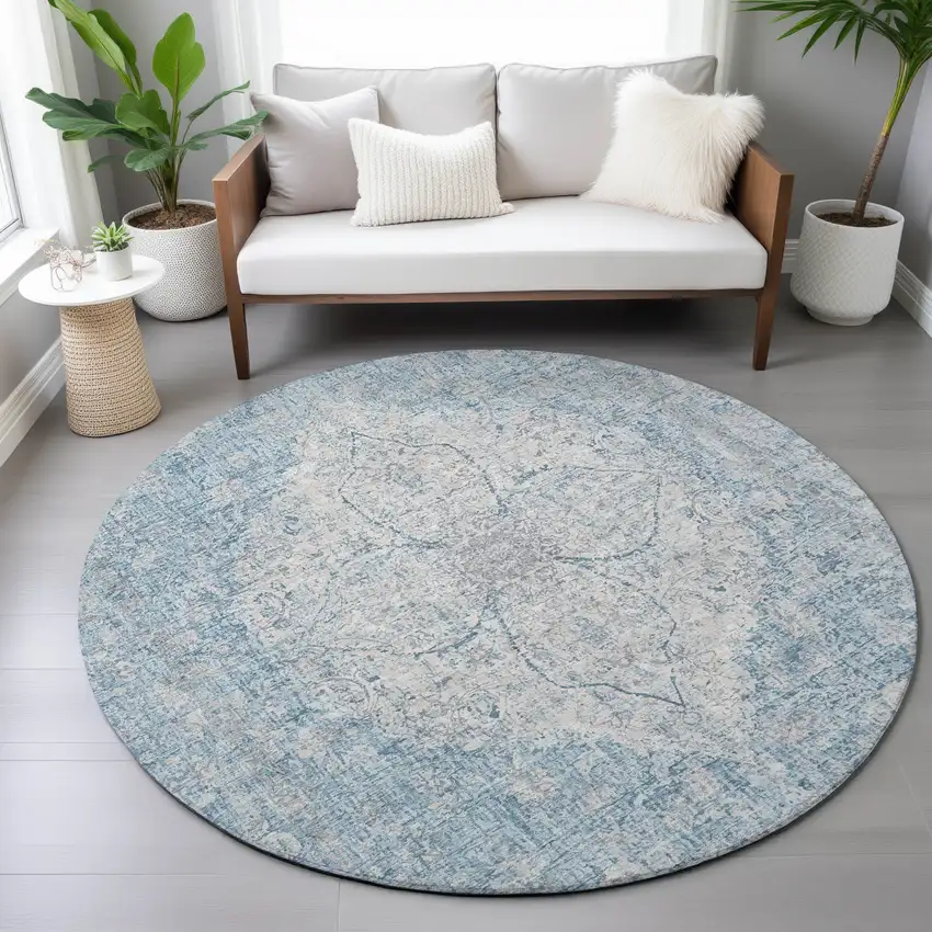 8' Denim Blue And Ivory Round Oriental Washable Indoor Outdoor Area Rug Photo 7