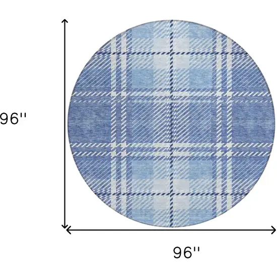 8' Denim Blue And Ivory Round Plaid Washable Indoor Outdoor Area Rug Photo 3