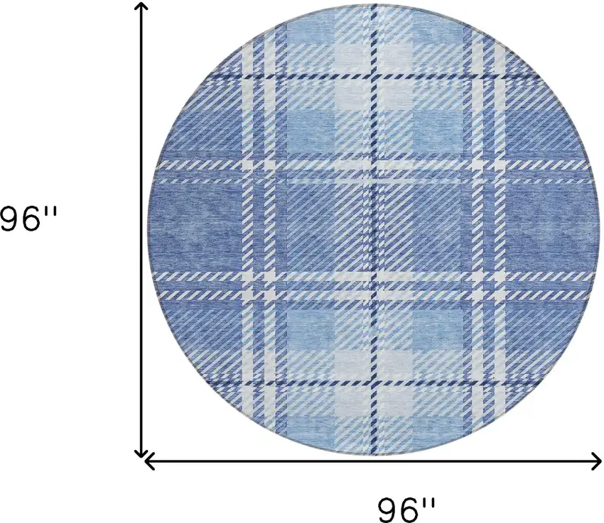 8' Denim Blue And Ivory Round Plaid Washable Indoor Outdoor Area Rug Photo 3