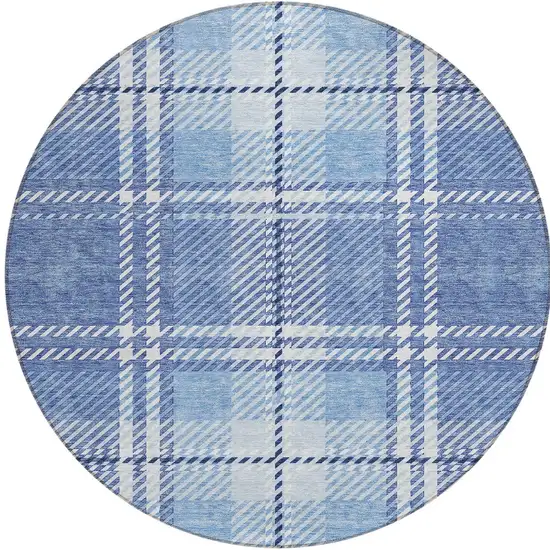 8' Denim Blue And Ivory Round Plaid Washable Indoor Outdoor Area Rug Photo 4
