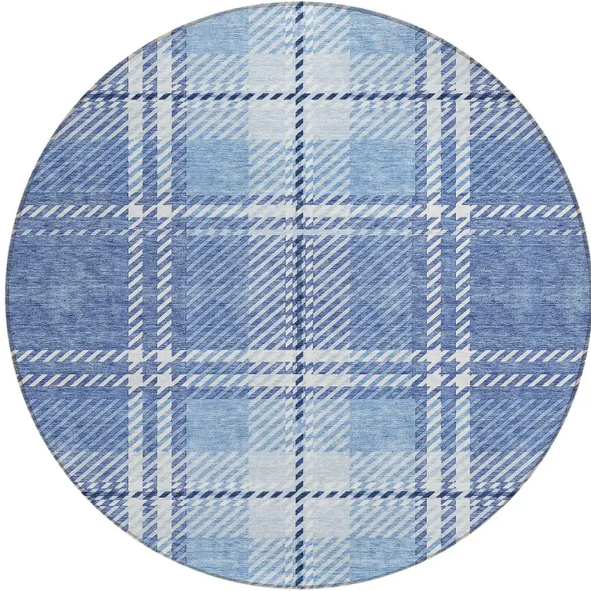 8' Denim Blue And Ivory Round Plaid Washable Indoor Outdoor Area Rug Photo 4