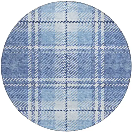 8' Denim Blue And Ivory Round Plaid Washable Indoor Outdoor Area Rug Photo 2