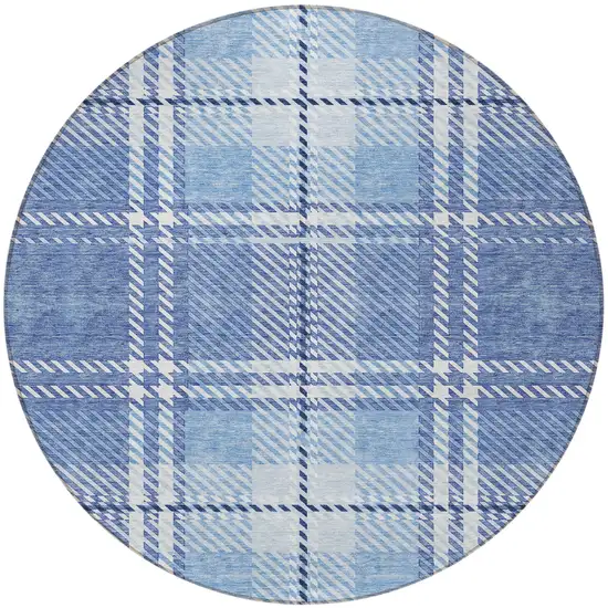 8' Denim Blue And Ivory Round Plaid Washable Indoor Outdoor Area Rug Photo 5