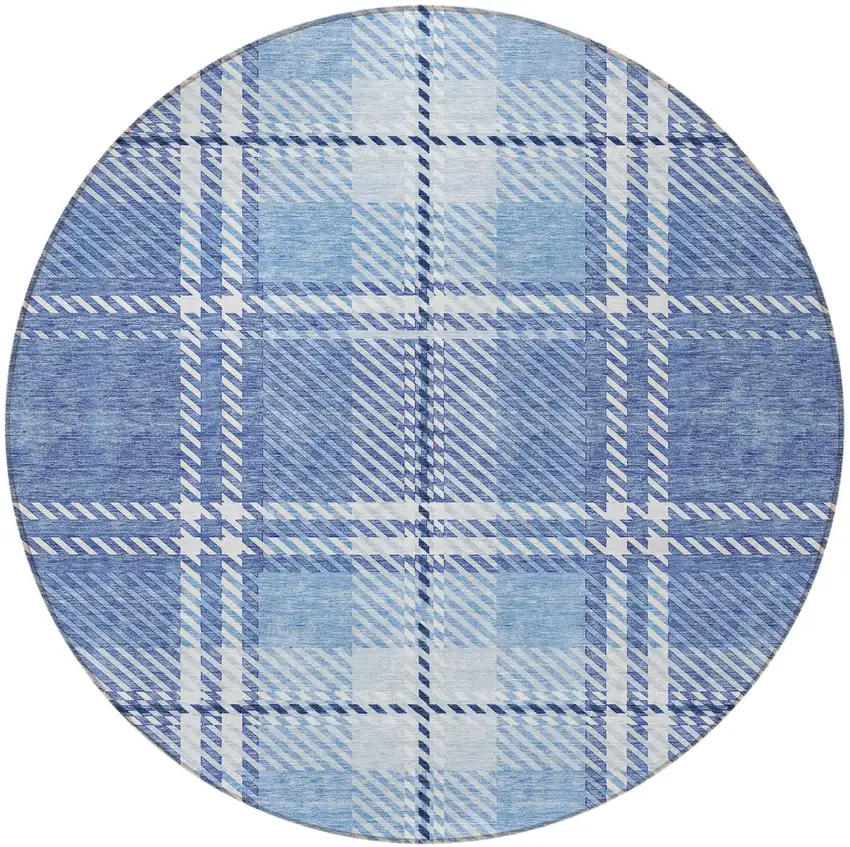 8' Denim Blue And Ivory Round Plaid Washable Indoor Outdoor Area Rug Photo 5
