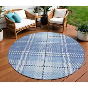 Photo of 8' Denim Blue And Ivory Round Plaid Washable Indoor Outdoor Area Rug