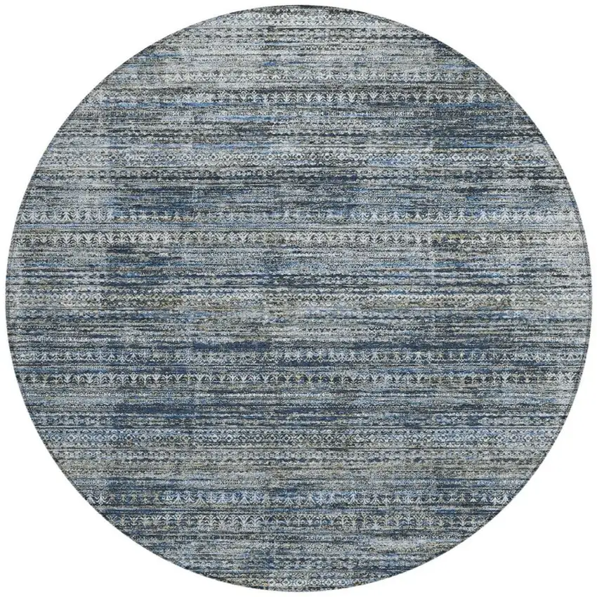 8' Denim Blue And Ivory Round Striped Washable Indoor Outdoor Area Rug Photo 3