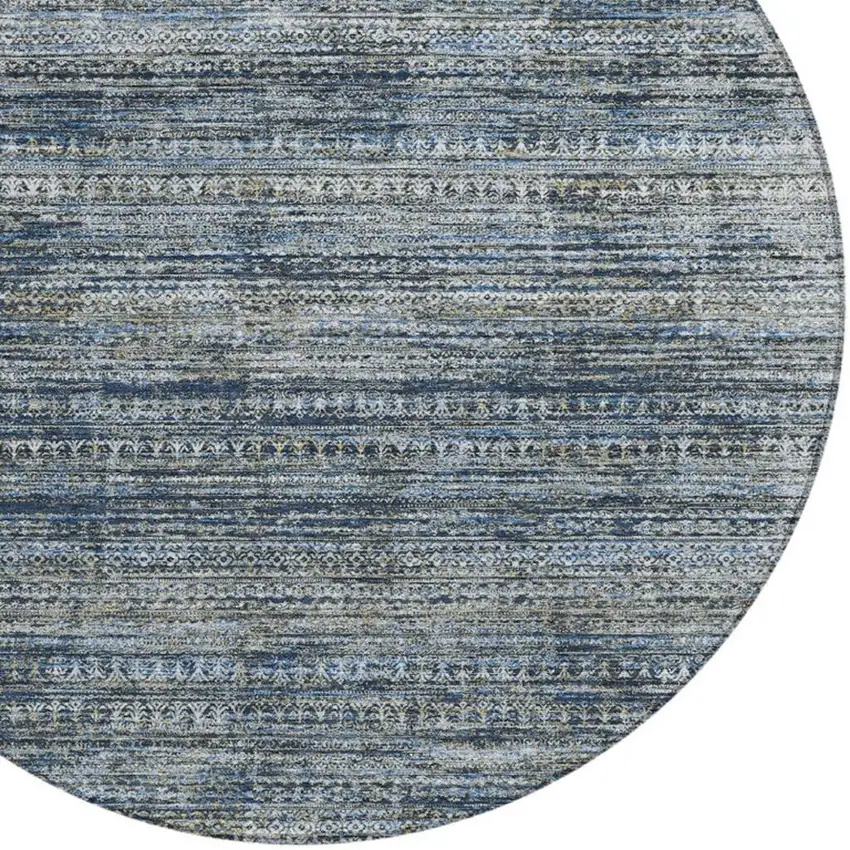 8' Denim Blue And Ivory Round Striped Washable Indoor Outdoor Area Rug Photo 8