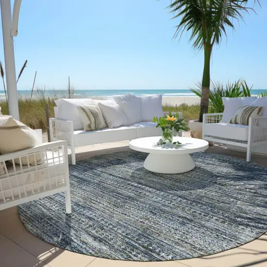 8' Denim Blue And Ivory Round Striped Washable Indoor Outdoor Area Rug Photo 5
