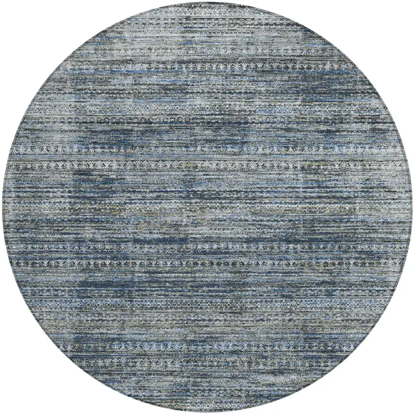 8' Denim Blue And Ivory Round Striped Washable Indoor Outdoor Area Rug Photo 1
