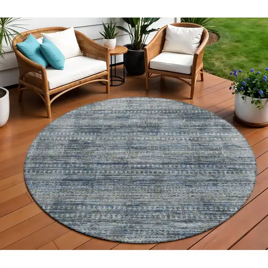 8' Denim Blue And Ivory Round Striped Washable Indoor Outdoor Area Rug Photo 2