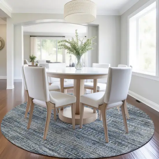 8' Denim Blue And Ivory Round Striped Washable Indoor Outdoor Area Rug Photo 6