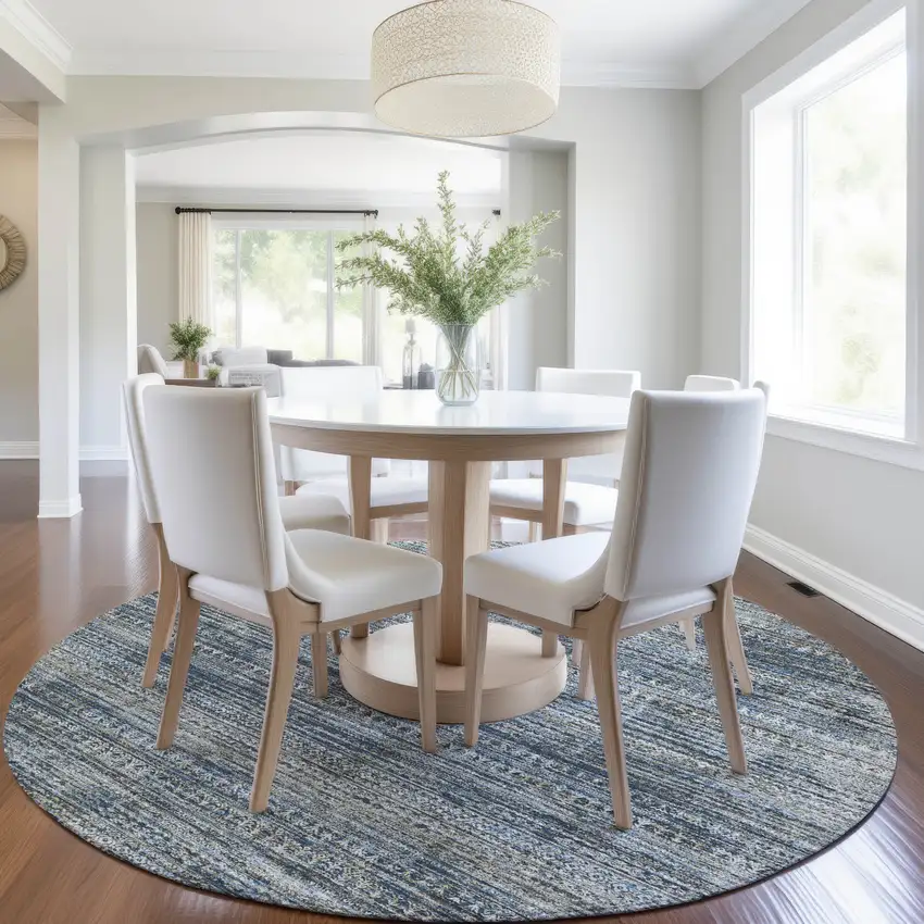 8' Denim Blue And Ivory Round Striped Washable Indoor Outdoor Area Rug Photo 6