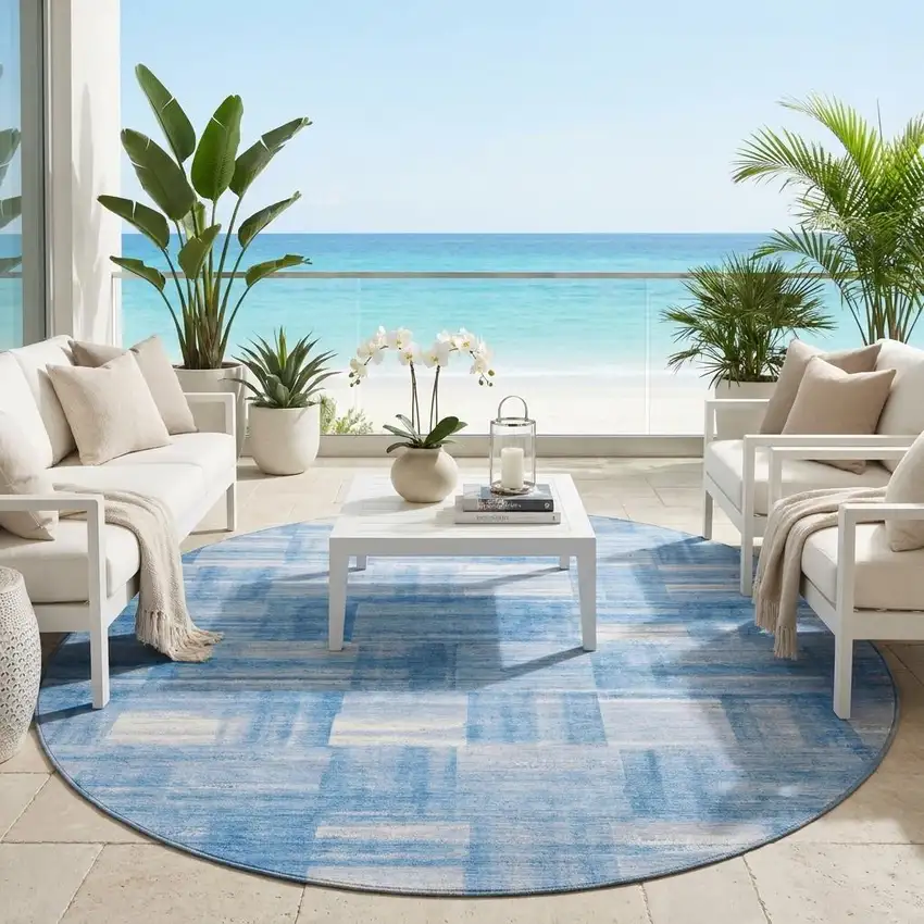 8' Denim Blue And Ivory Round Striped Washable Indoor Outdoor Area Rug Photo 1
