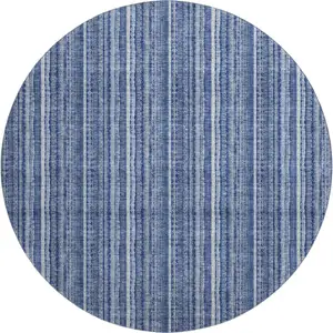 Photo of 8' Denim Blue And Ivory Striped Washable Round Rug With UV Protection