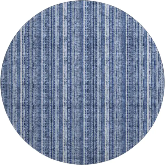 8' Denim Blue And Ivory Striped Washable Round Rug With UV Protection Photo 1