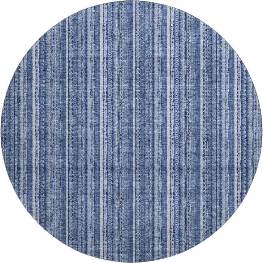 8' Denim Blue And Ivory Striped Washable Round Rug With UV Protection Photo 1