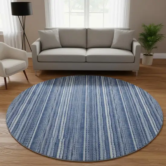 8' Denim Blue And Ivory Striped Washable Round Rug With UV Protection Photo 2