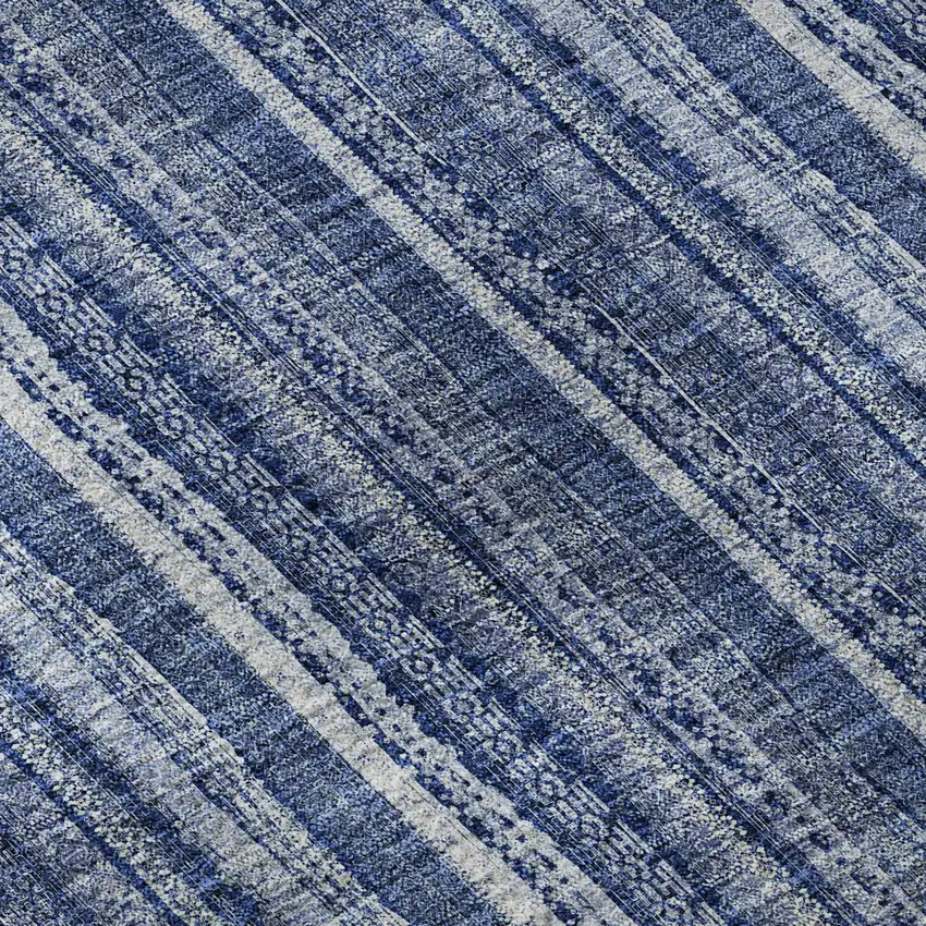 8' Denim Blue And Ivory Striped Washable Round Rug With UV Protection Photo 8