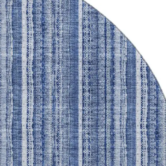 8' Denim Blue And Ivory Striped Washable Round Rug With UV Protection Photo 2