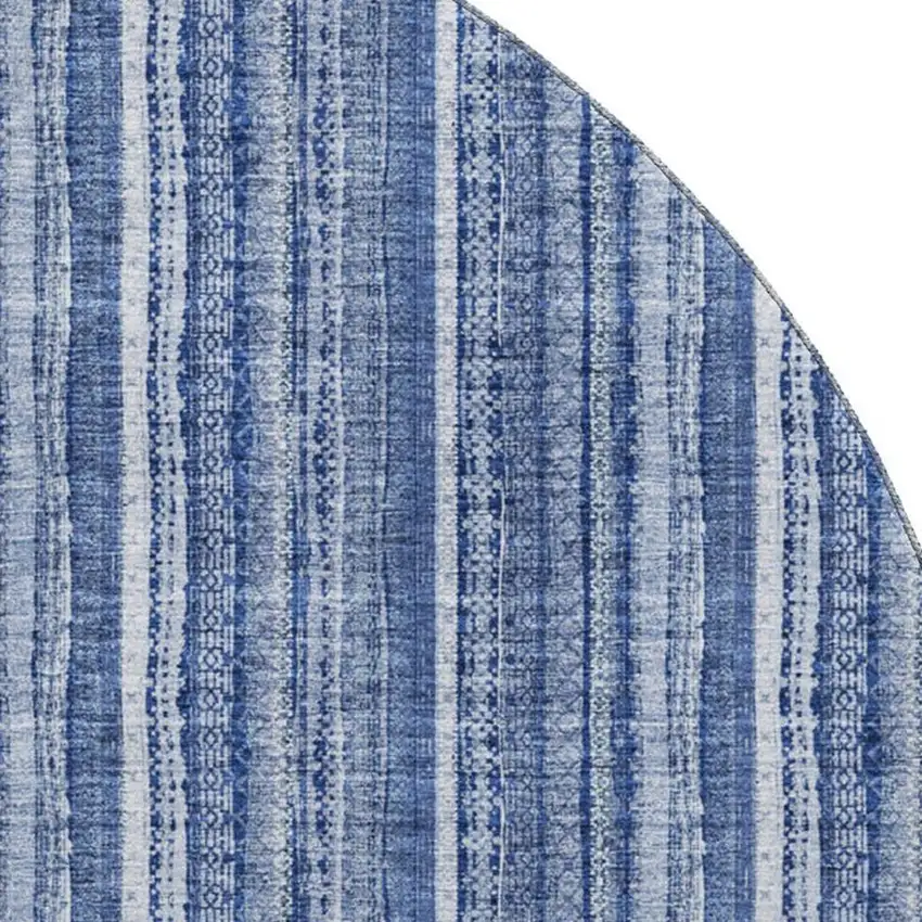 8' Denim Blue And Ivory Striped Washable Round Rug With UV Protection Photo 2