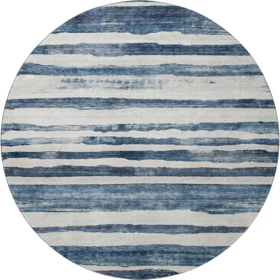 8' Denim Blue And Ivory Striped Washable Round Rug With UV Protection Photo 3