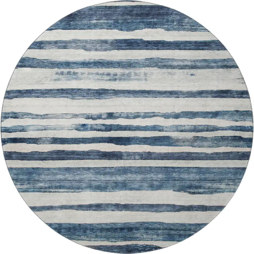 8' Denim Blue And Ivory Striped Washable Round Rug With UV Protection Photo 3