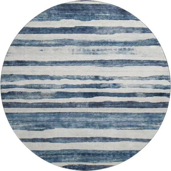 8' Denim Blue And Ivory Striped Washable Round Rug With UV Protection Photo 1