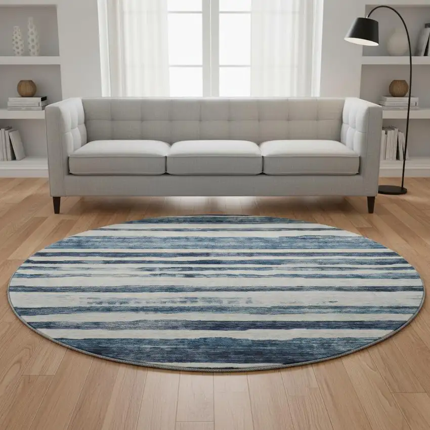8' Denim Blue And Ivory Striped Washable Round Rug With UV Protection Photo 2