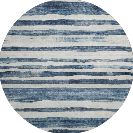 8' Denim Blue And Ivory Striped Washable Round Rug With UV Protection Photo 2