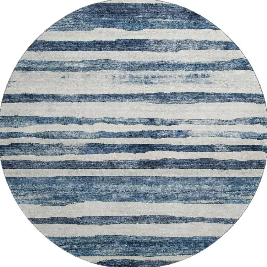 8' Denim Blue And Ivory Striped Washable Round Rug With UV Protection Photo 2