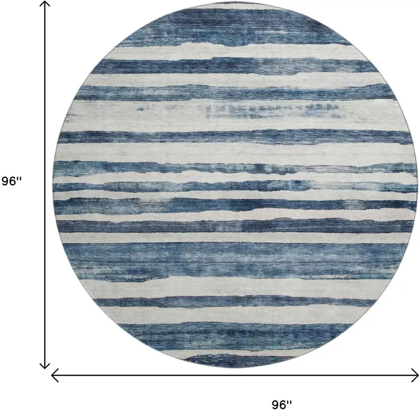 8' Denim Blue And Ivory Striped Washable Round Rug With UV Protection Photo 9