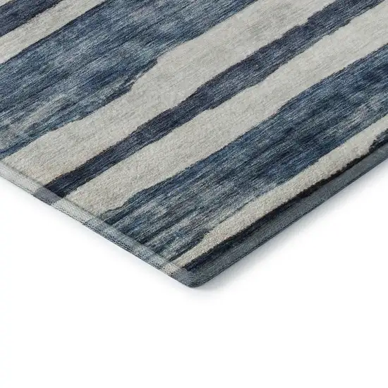 8' Denim Blue And Ivory Striped Washable Round Rug With UV Protection Photo 6