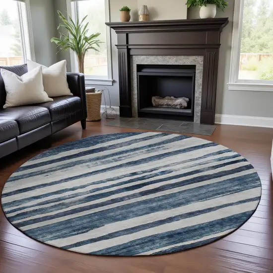 8' Denim Blue And Ivory Striped Washable Round Rug With UV Protection Photo 4